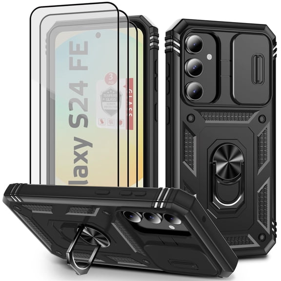 Defender Phone Case compatible with Samsung Galaxy S24 FE, 3 Pcs Tempered Glass Screen Protector, Built-in Ring Stand Kickstand, Camera Cover, Hard PC Soft TPU Full Body Armor Cover