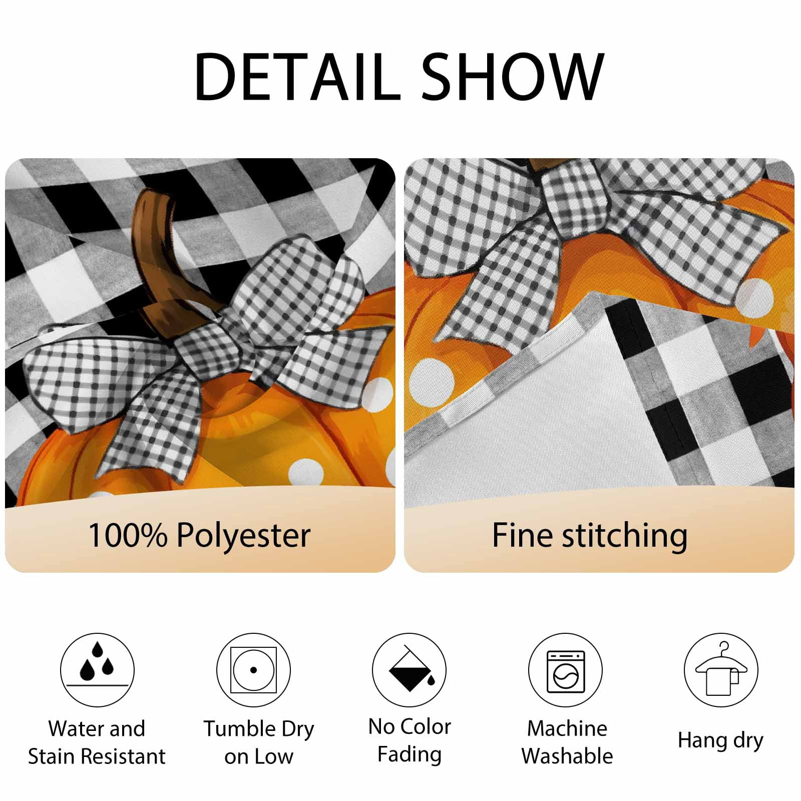 Round Tablecloth Fall Thanksgiving Waterproof Oil Proof Polyester Table Cloth Cover Decor for Home Dining Outdoor,Patio,Parties, 54" Dia. Farmhouse Pumpkins Black Whtie Plaid