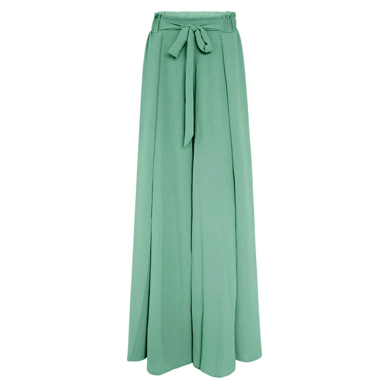 Women Boho Pleated Wide Leg Pants Solid Ruffle Bow Tie