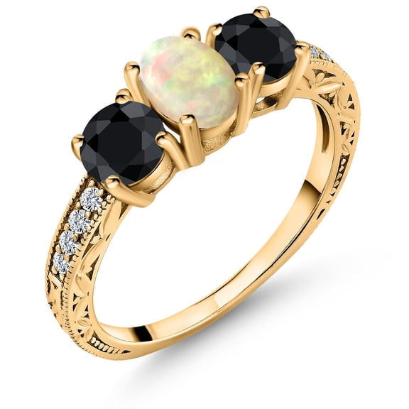 Gem Stone King 2.01 Ct Oval Cabochon White Ethiopian Opal Black Sapphire 18K Yellow Gold Plated Silver Ring (Size 9)