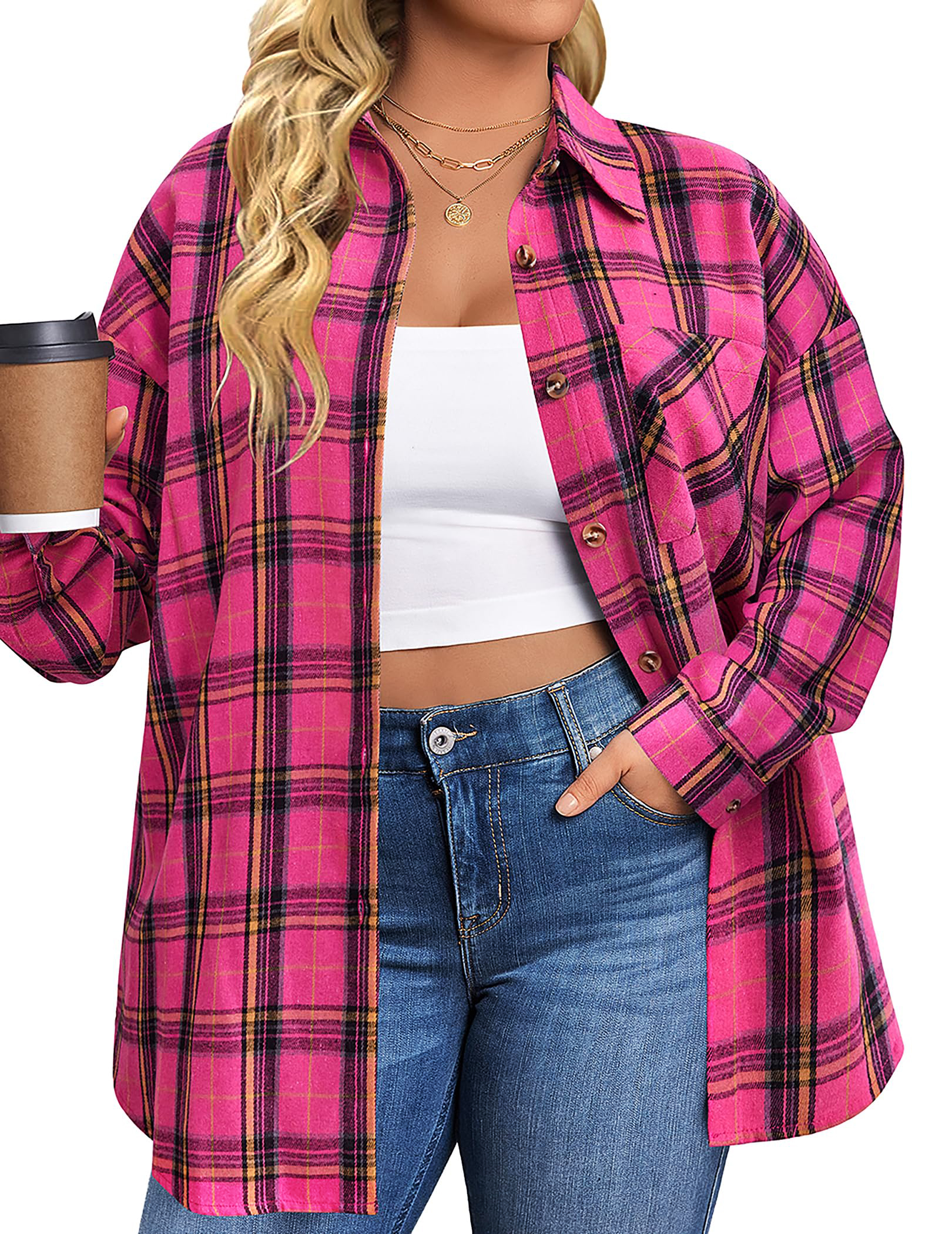 Fantaslook Plus Size Flannel Plaid Shirts for Women Long Sleeve Button Down Shirts Casual Loose Blouses Tops