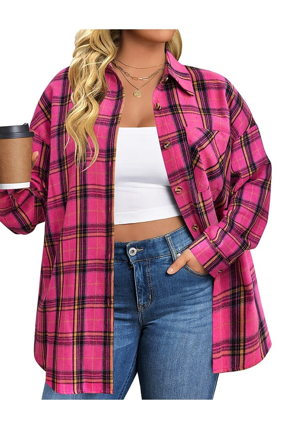 Plus Size Flannel Plaid Shirts for Women Long Sleeve Button Down Shirts Casual Loose Blouses Tops