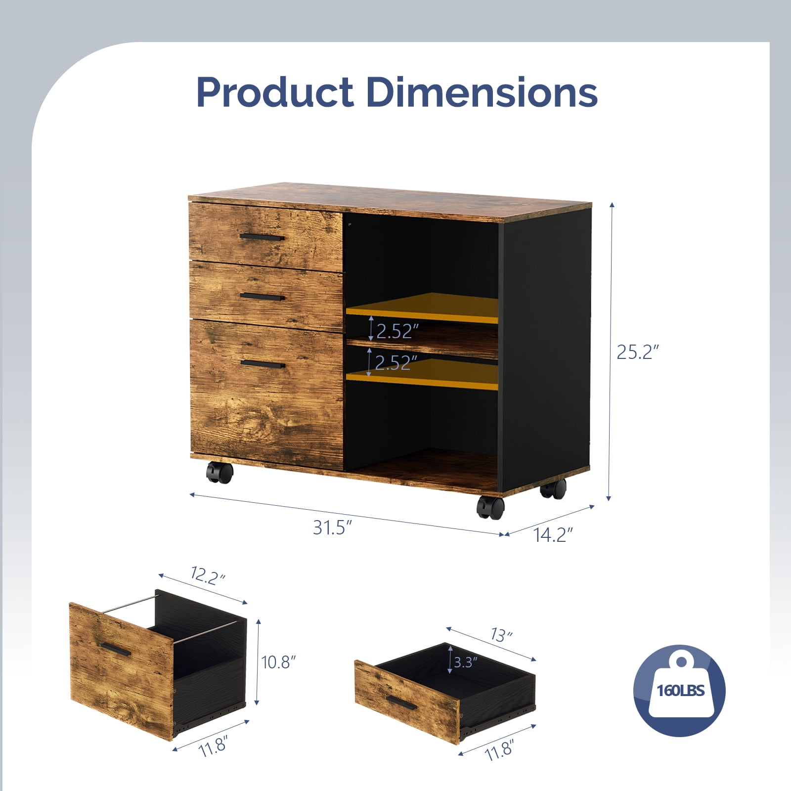 Ktaxon 3 Drawer File Cabinet with Open Shelf, Wood Rolling File Cabinet with Open Shelves,Legal & Letter Size, Brown