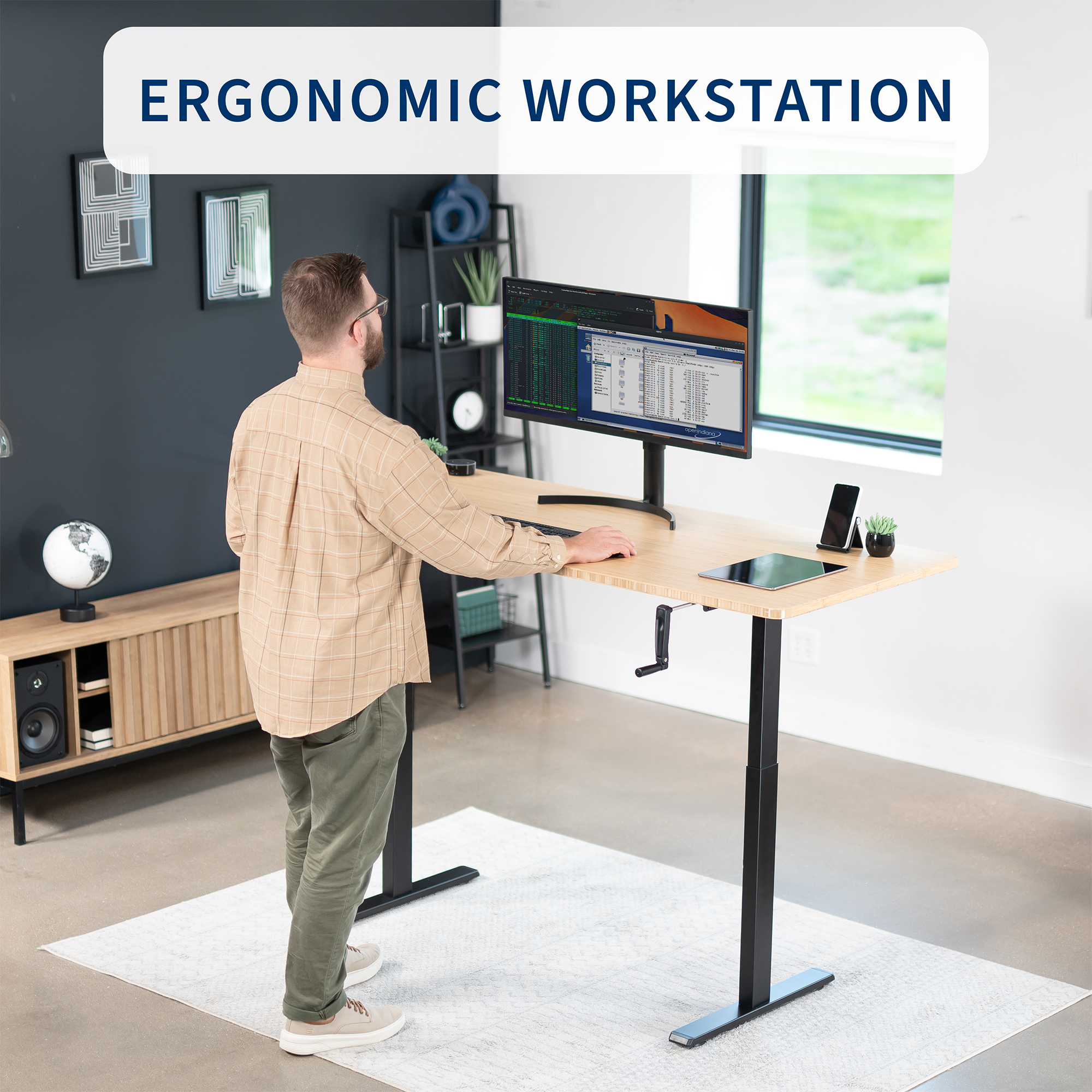 VIVO Black Manual Height Adjustable Stand Up Desk Frame Crank Ergonomic System