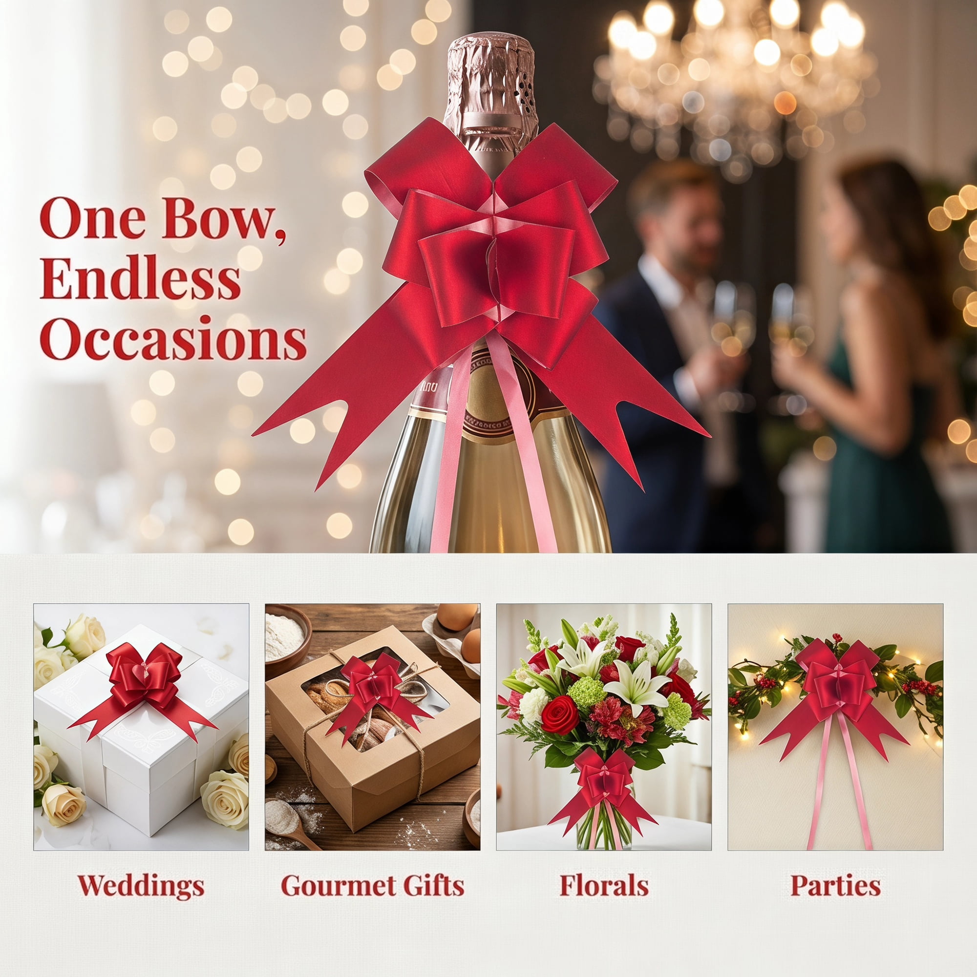 Unique Bargains Crush-resistant Metallic-finish Ribbon Bow for Elegant Gift Wrapping Red
