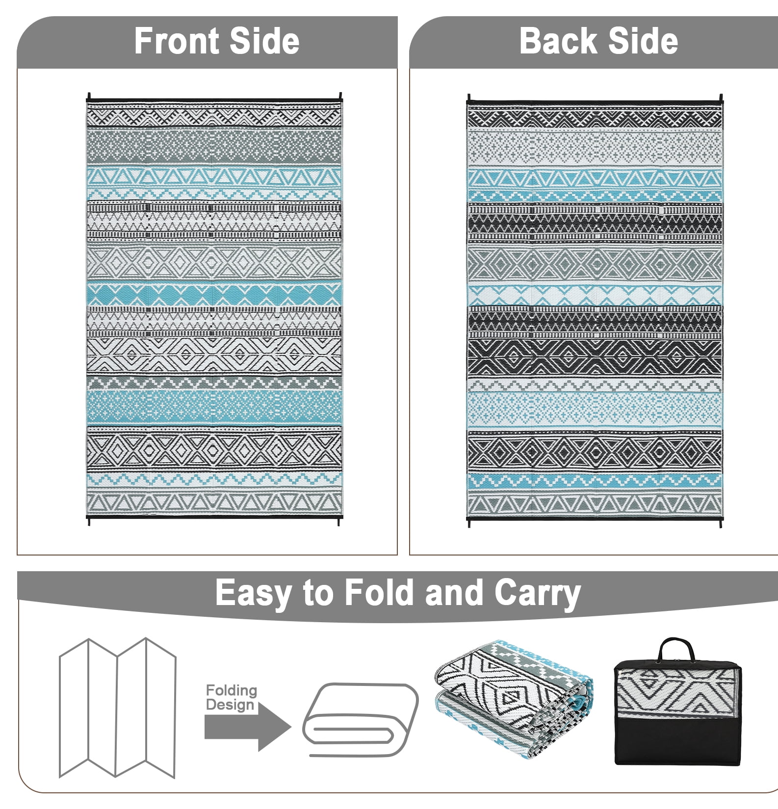COZONY 9x12 ft Outdoor Rug, Reversible Waterproof Patio Mat, UV & Stain Resistant, Foldable for Garden, Campsite, Blue/Gray/Black/White