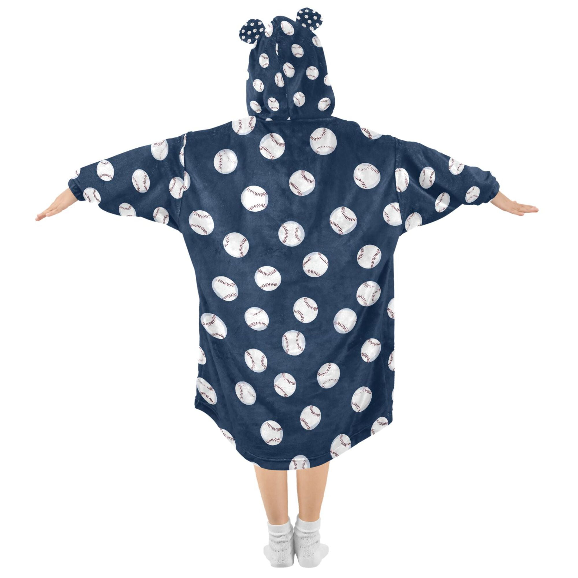 FORMRS Wearable Blanket Hoodie with Sleeves for Kids Cozy Flannel Sweatshirt, Navy Blue Baseball Pattern