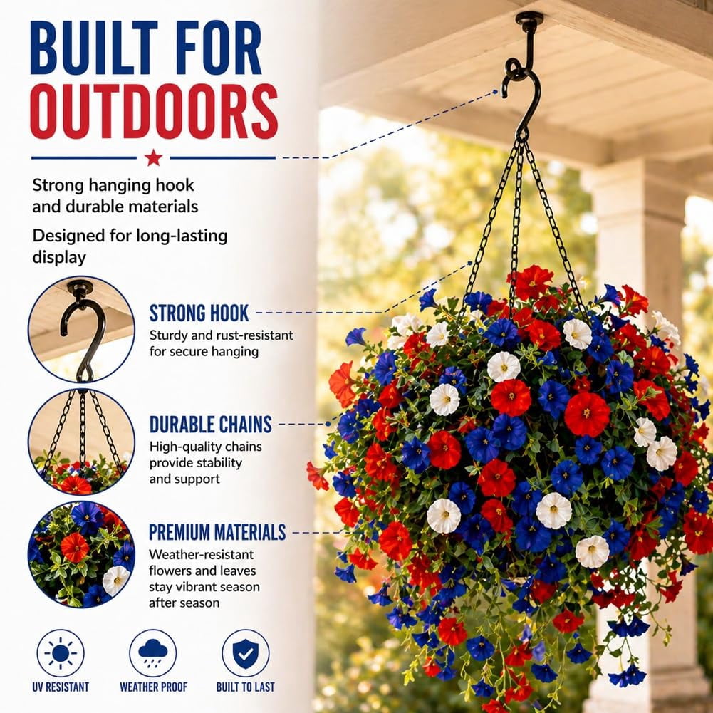 Red White and Blue Artificial Flowers for Outdoors, Patriotic Faux Floral Hanging Basket Decor for Veterans Day Housewarming Gift