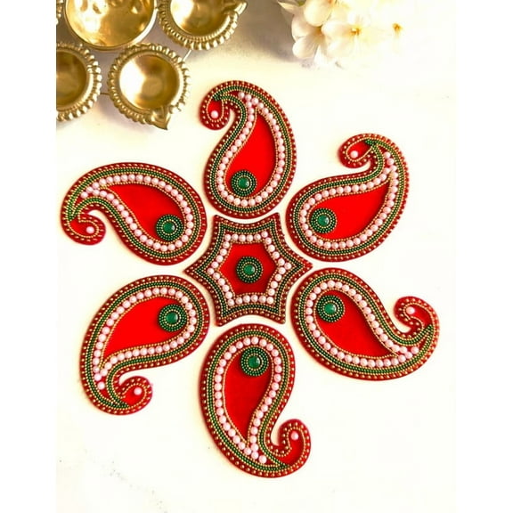 Handcrafted Acrylic Rangoli Set – Mango Leaf Design with Stones & Beads | Reusable Floor Decoration for Diwali, Weddings & Festive Décor (Red/Green/Pink/Yellow)