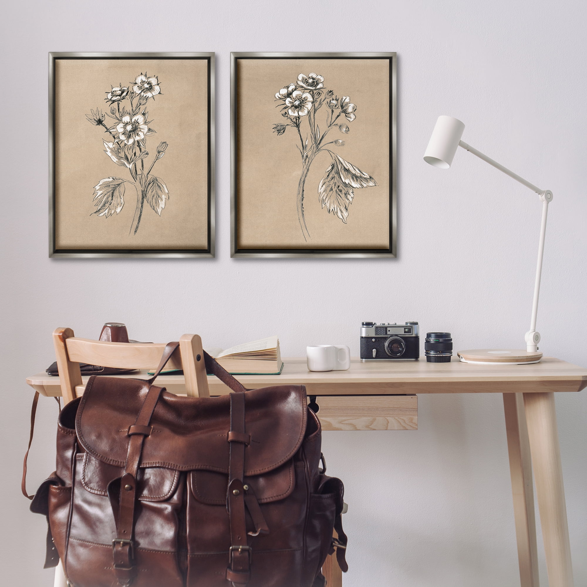 Stupell Industries Vintage Sketch Botanical Plants & Flowers Drawing Gray Floater Framed Canvas Art Print Wall Art, 31 x 25, Set of 2