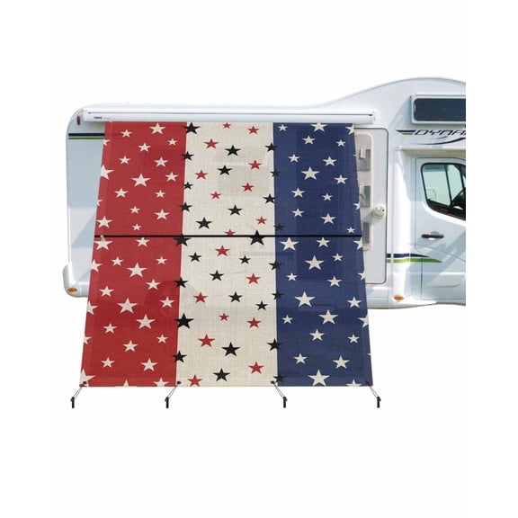4th of July RV Awning Sun Shade Screen 9'X7' Patriotic Stars Red White and Blue Mesh Sunscreen American Flag Stripes Beige Awning Shade Screen with Zipper Completed Kits for RV Motorhome Camper