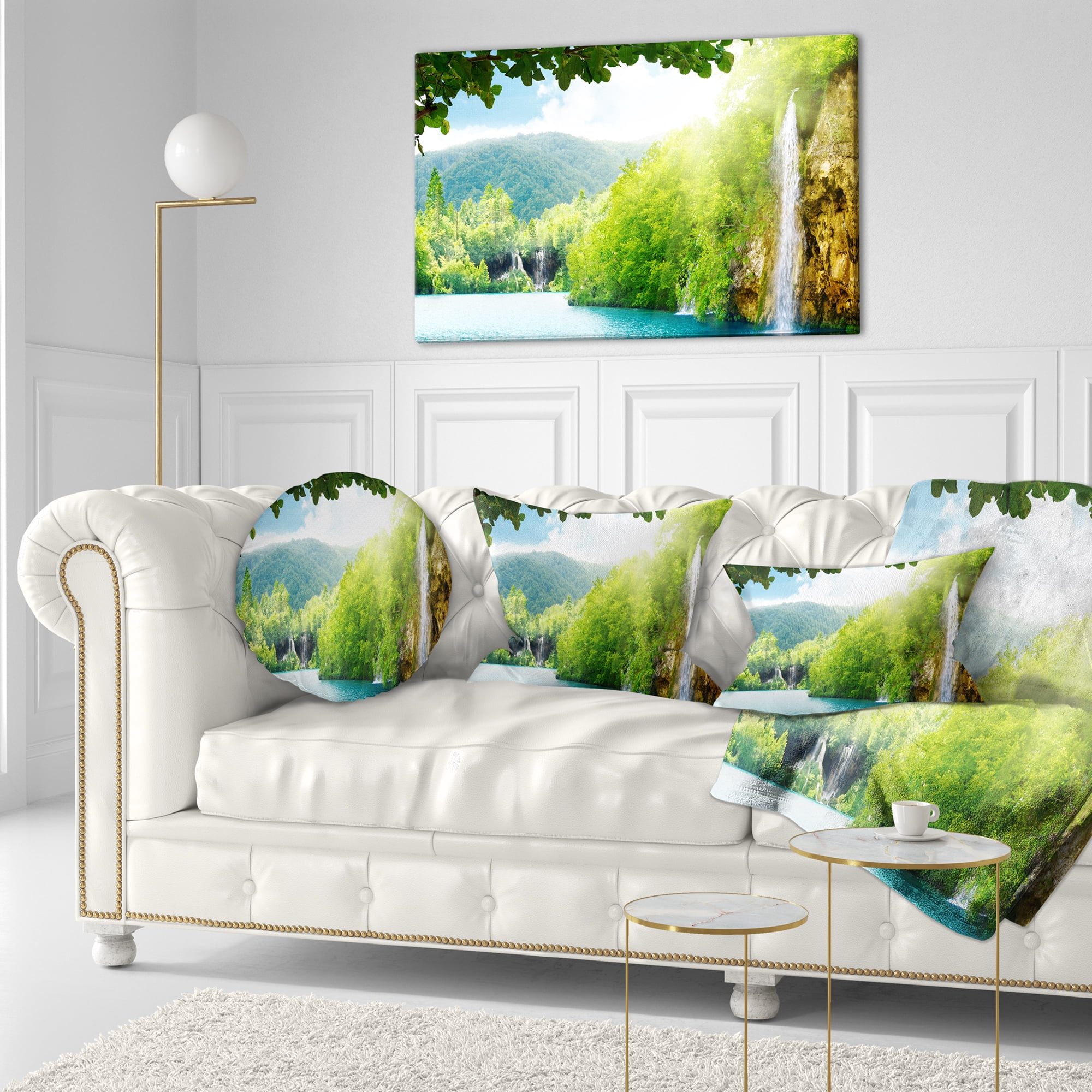 Designart Waterfall in Deep Forest - Landscape Photography Throw Pillow - 12x20