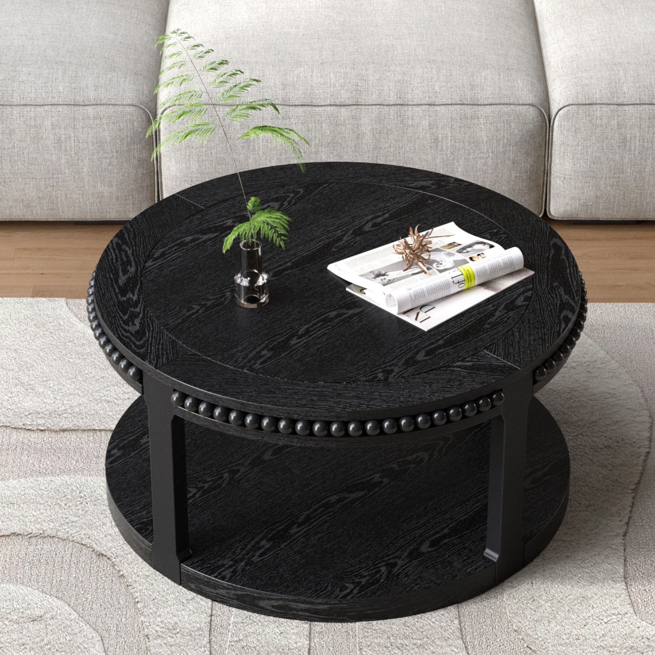 Noble House Solid Wood Round Coffee Table for Living Room,2-Tier Rustic Wood Desktop with Storage Shelf Modern Design Home Furniture, Black