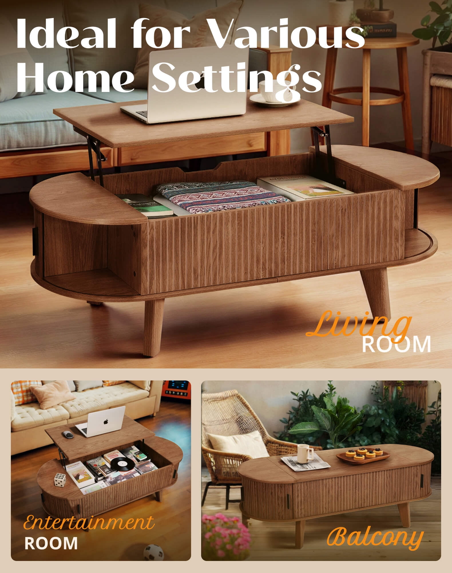 Putuo Decor 47.2" Oval Lift-Top Coffee Table with Storage, Fluted Tambour Door, Walnut