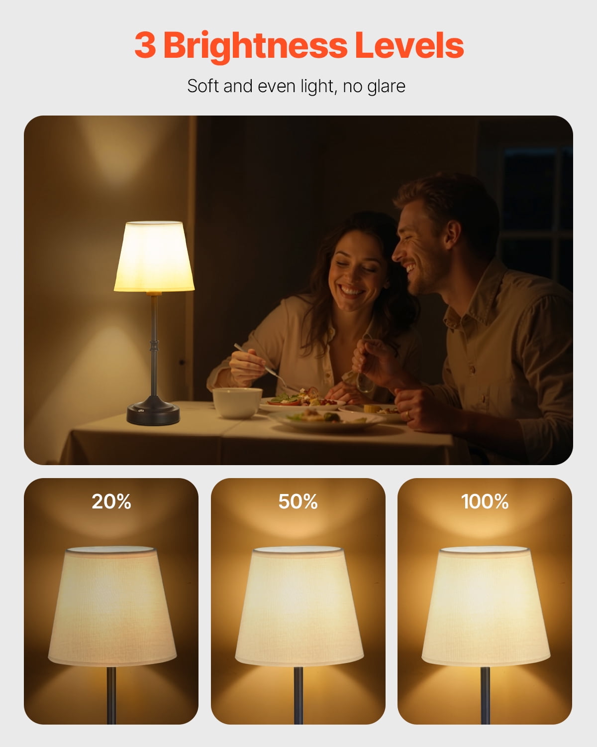 VEVOR Cordless Table Lamp, 5200mAh Built-in Rechargeable Battery Desk Lamp, 3-Level Brightness, Fabric Shade, 2700-3000K Color Temperature, Table Light for Restaurant, Bedroom, Bar Counter, Black
