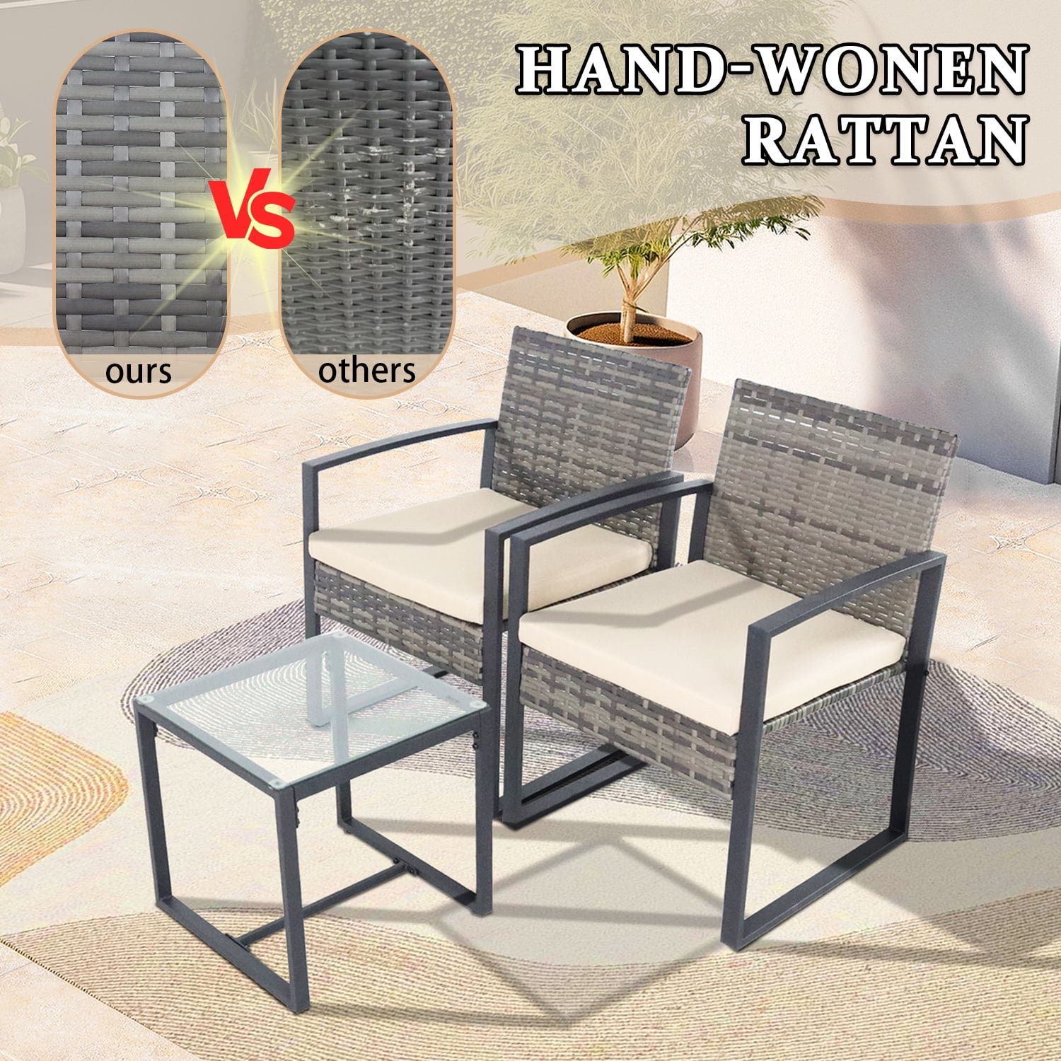 Junkai 3-Piece Metal Outdoor Bistro Sets with 2 Single Seats and 1 Coffee Table, Black/Beige