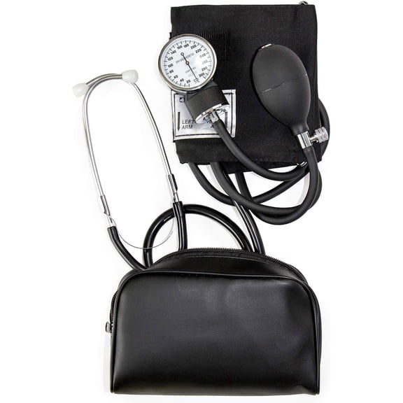 HealthSmart Manual Blood Pressure Monitor, Self Taking Blood Pressure Kit, With Cuff Size 13-17 Inches with Attached Stethoscope, Black, Adult Large