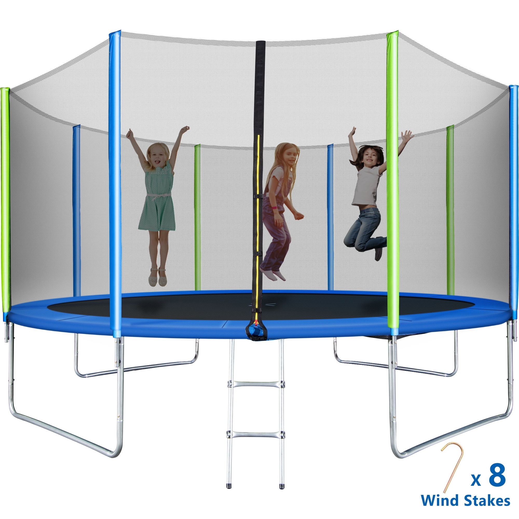 OFLAN Trampoline 12FT 800LBS Capacity 5-6 Kids, Exercise Trampoline for KidsAdult with Enclosure Net, Wind Stakes and Inclined Ladder, Outdoor