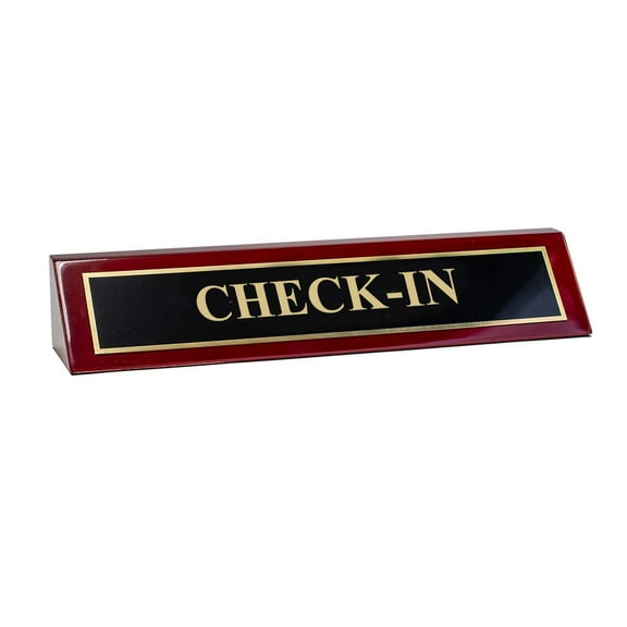 Piano Finished Rosewood Standard Engraved Desk Name Plate 'Check-in', 2" x 8", Black/Gold Plate