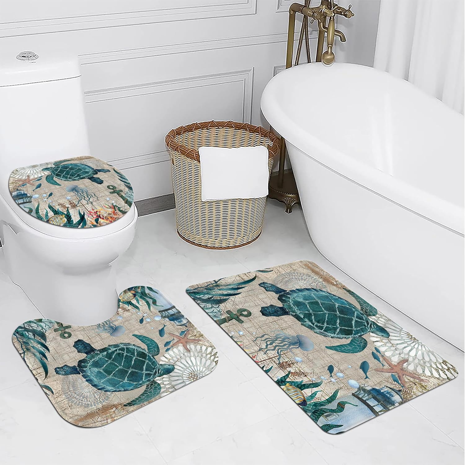 4Pcs Sea Turtle Shower Curtain Sets, Ocean Turtle Bathroom Sets with Shower Curtain and Rugs Durable Waterproof Curtains with 12 Hooks