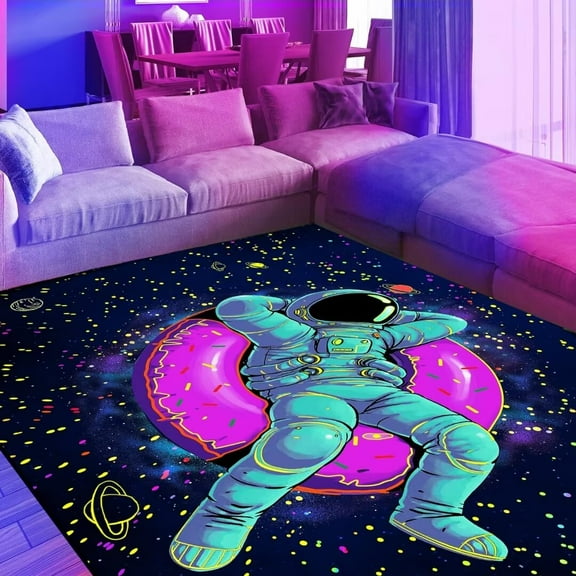 Neon Astronaut Area Rug, Large Blacklight UV Reactive Kids Rug, Non-Slip Fluorescent Luminous Floor Mat Carpet, Glow in The Dark Playroom Bed Room Home Decor