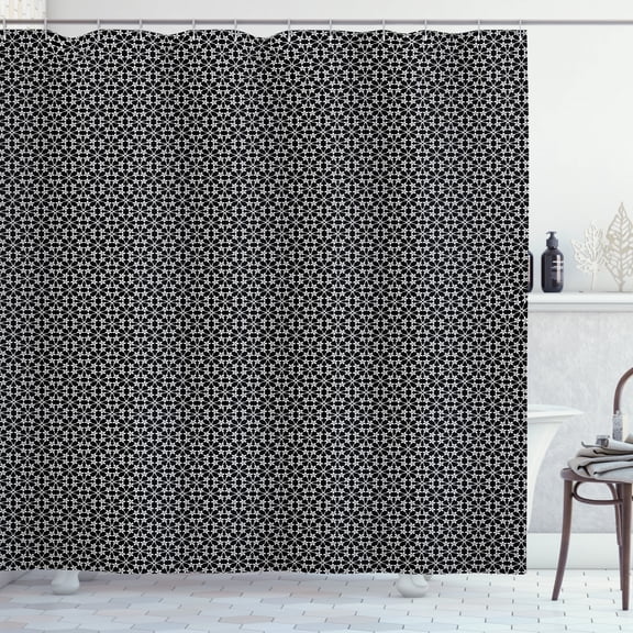 Floral Shower Curtain, Romantic Floral Knotty Pattern of Interlaced Circular Stems as Graphic Image, Fabric Bathroom Set with Hooks, 69W X 84L Inches Extra Long, Black and White, by Ambesonne