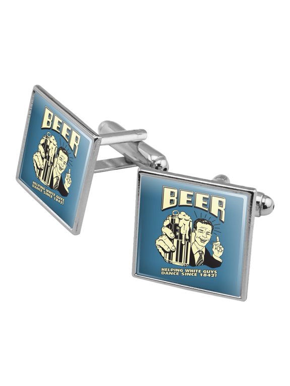 Beer Helping White Guys Dance Since 1842 Funny Humor Retro Square Cufflink Set - Silver or Gold
