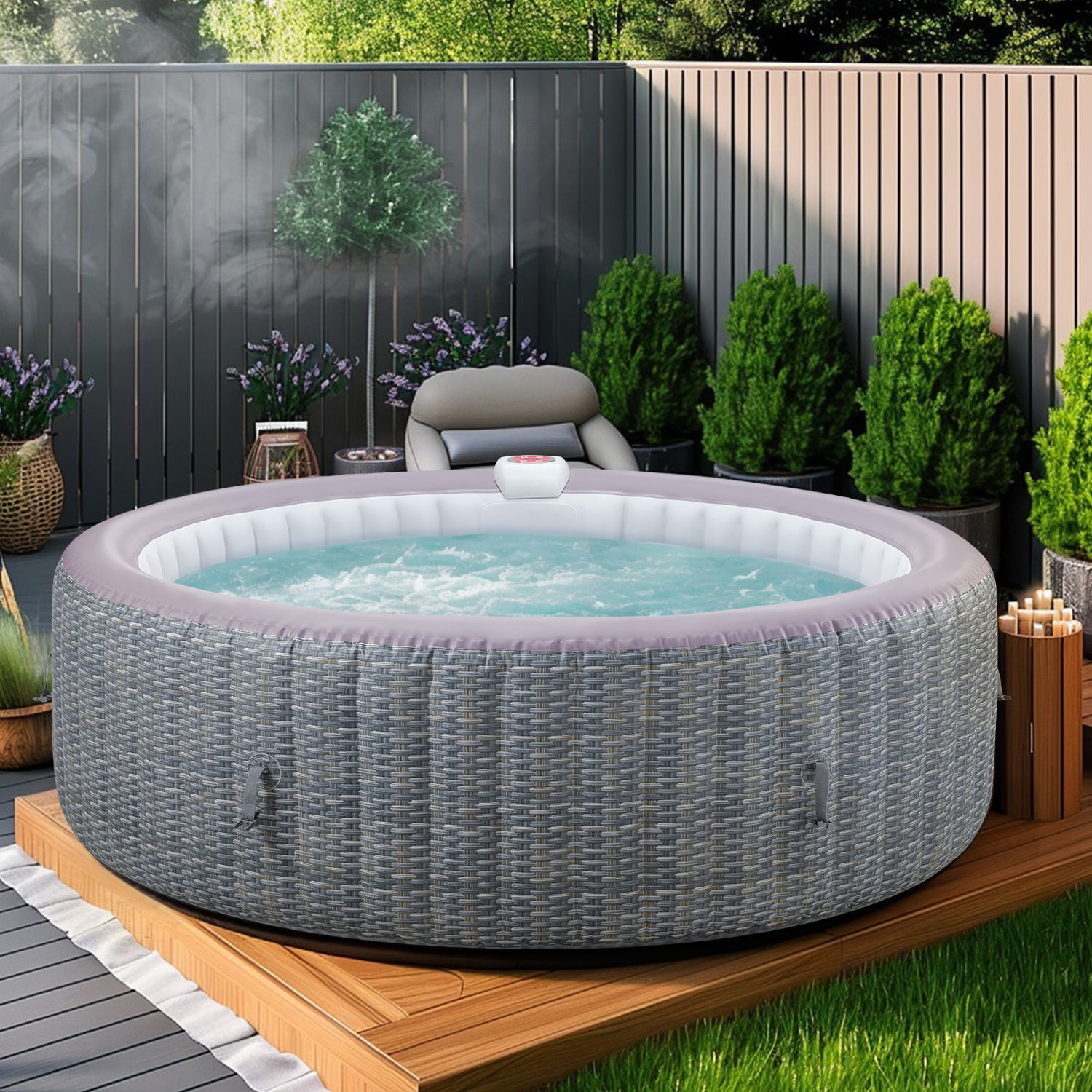 6-8 Person Portable Hot Tub w/Cup Holder, 82''Dia Inflatable Home Spa Tub with Hidden Machine, 130 Massage Jets, Rattan Pattern Hot Tub with Storage Bag Lockable Cover Floor Mat, 4 Filters, Max 104℉