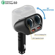 Rocketek Dual USB Quick Charge 3.0 Car Charger Adapter with Build-in 2 Way Car Splitter Adapter, 90W 12V/24V DC Outlet 2-Socket Car Cigarette Lighter for iPhone/ipad/Android Cell Phone, GPS, Car DVD