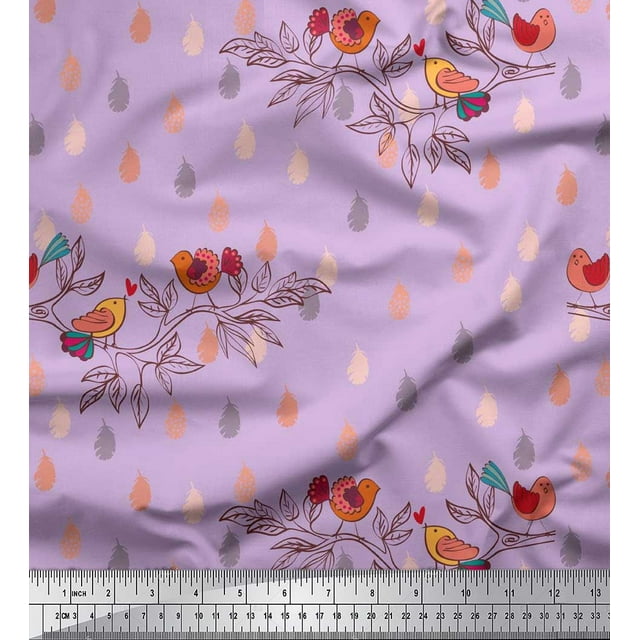 Soimoi Viscose Chiffon Fabric Feather,Branch & Bird Kids Decor Fabric Printed Yard 42 Inch Wide