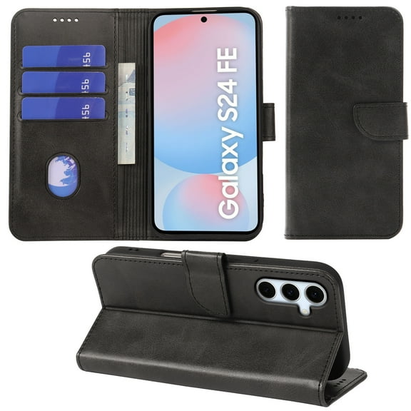 VIESUP for Samsung Galaxy S24 Fe Black Wallet Case with Credit Card Holder,PU Leather Magnetic Protective Phone Case