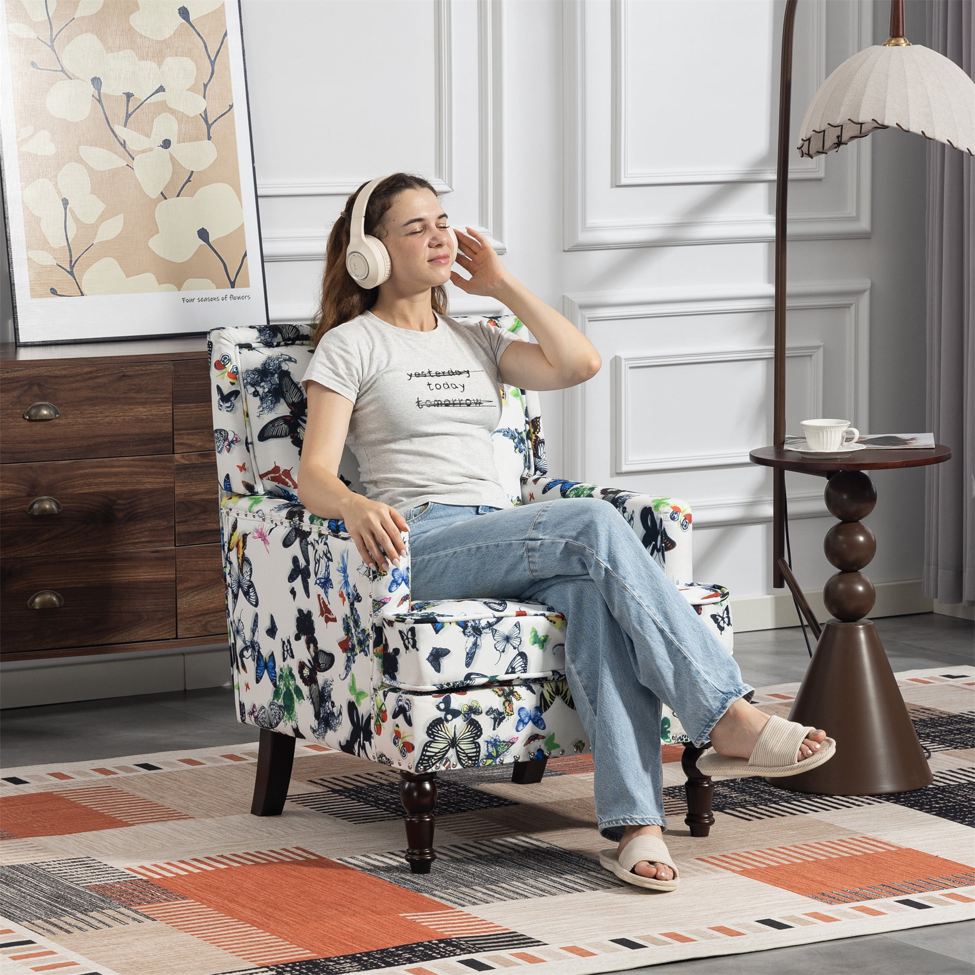 Aukfa Accent Chair Mid-Century Modern High Back Armchair Lounge for Living Room, Rivet Trim, Butterfly Pattern