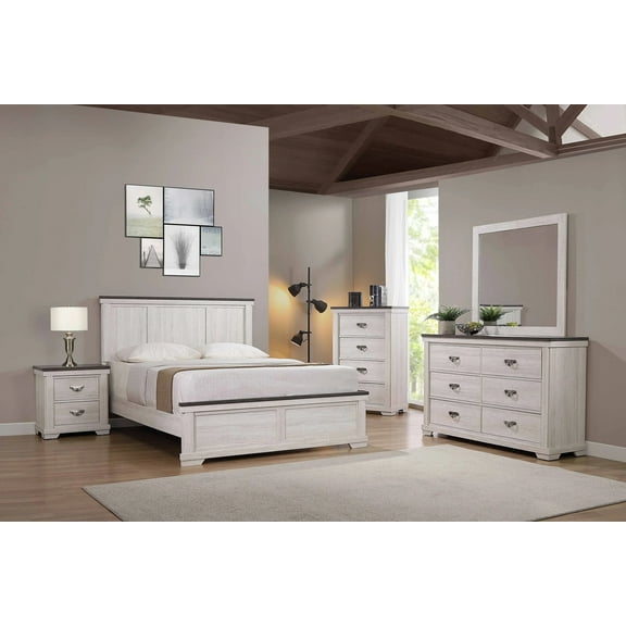 Antique White Brown Finish 5pc King Size Panel Bed Dresser Mirror 2x Nightstand Master Bedroom Furniture Set