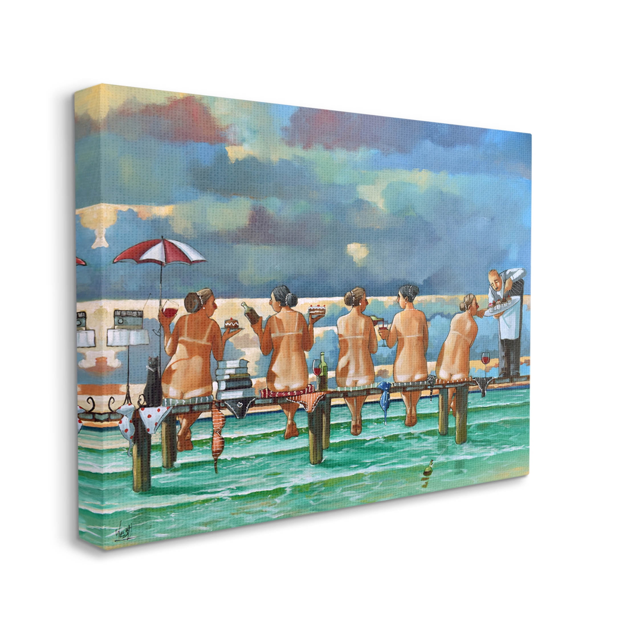 Beach Dock Women Summer Fun Coastal Painting Gallery Wrapped Canvas Print Wall Art
