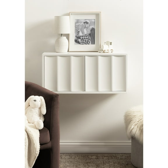 Kate and Laurel Sartell Modern Wooden Two-Door Wall Cabinet, 30 x 10 x 14, White, Decorative Modern Storage Cabinet with Dimensional Face for Use as Floating Nightstand or Cute Nursery Shelf Storage
