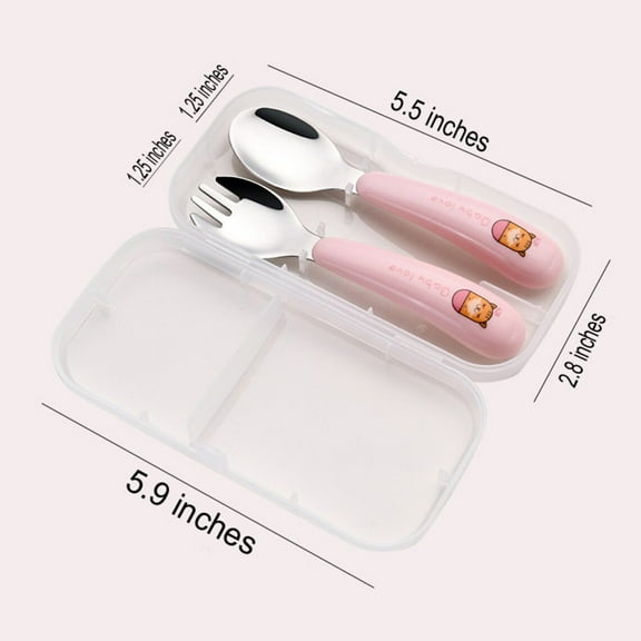 Baby Toddler Dining Stainless Steel Spoon & Fork Travel Set Plastic Carry Case Pink