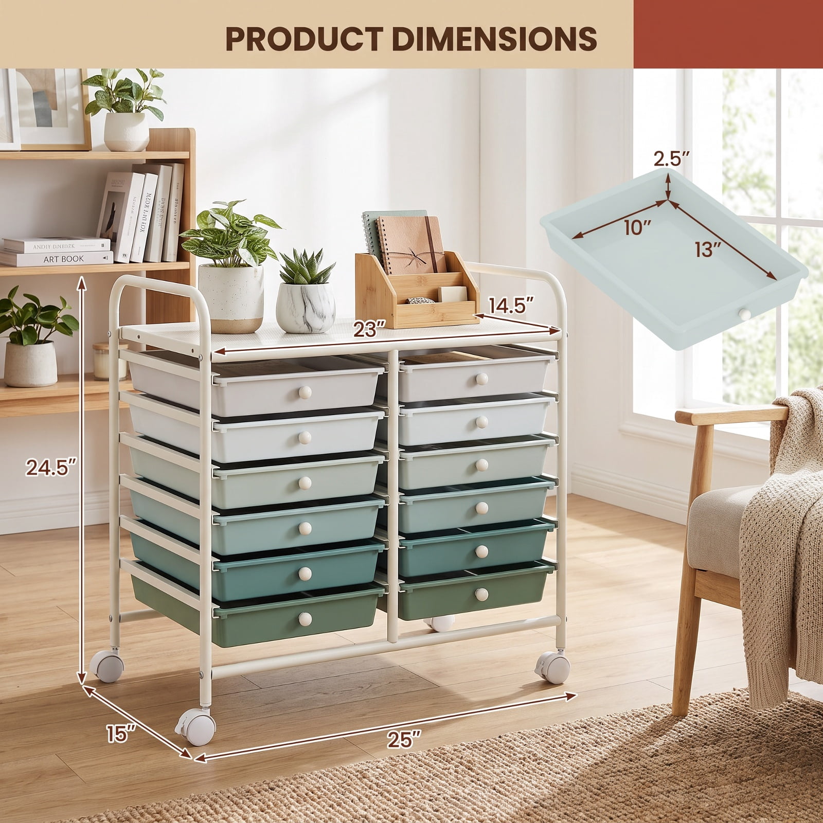 Furnibear 12 Drawers Rolling Storage Cart for Home and Office-Green Gradient for Home Office Filing Document Letter Legal Storage, Gray