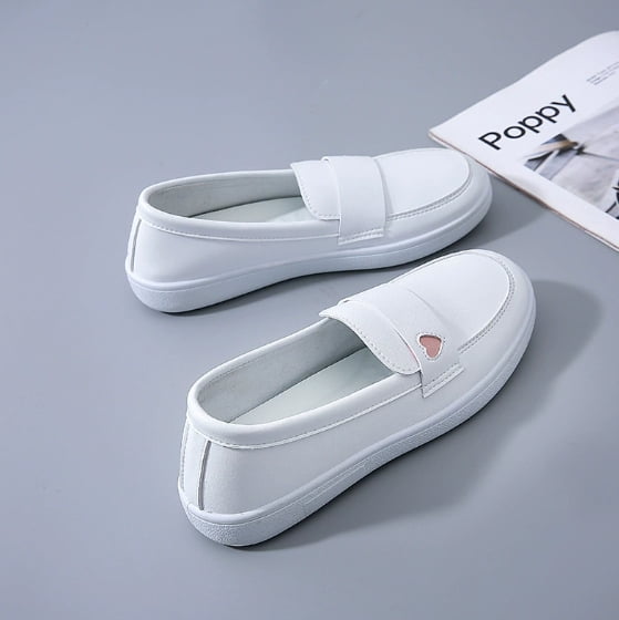 Women's White Slip-On Loafers with Heart Detail, Comfortable Casual Flat Shoes, Breathable Daily Wear Shoes for Women