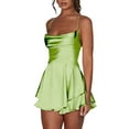 thumbnail image 3 of Women'S Elegant Satin A-Line Summer Sleevesless Bandage Back Spaghetti Strape Tiered Jumpsuits Fluorescent Green S, 3 of 6