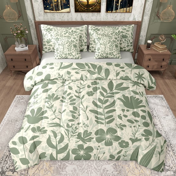 jejeloiu Retro Rustic Botanical 7-Piece Twin Bedding Sets,Natural Plant Bedding Comforter Set,Green Leaf Flower Sheet Sets For Girls Kids,Super Cozy Room Decor Reversible