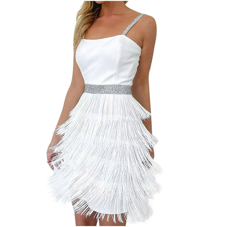 Mrat Tassel Party Gown Dresses for Women Sparkly Sleeveless Mini Sequin Dress Tassel Fringe Glitter V Neck Bodycon Mini Short Party Gown Dress Glitter