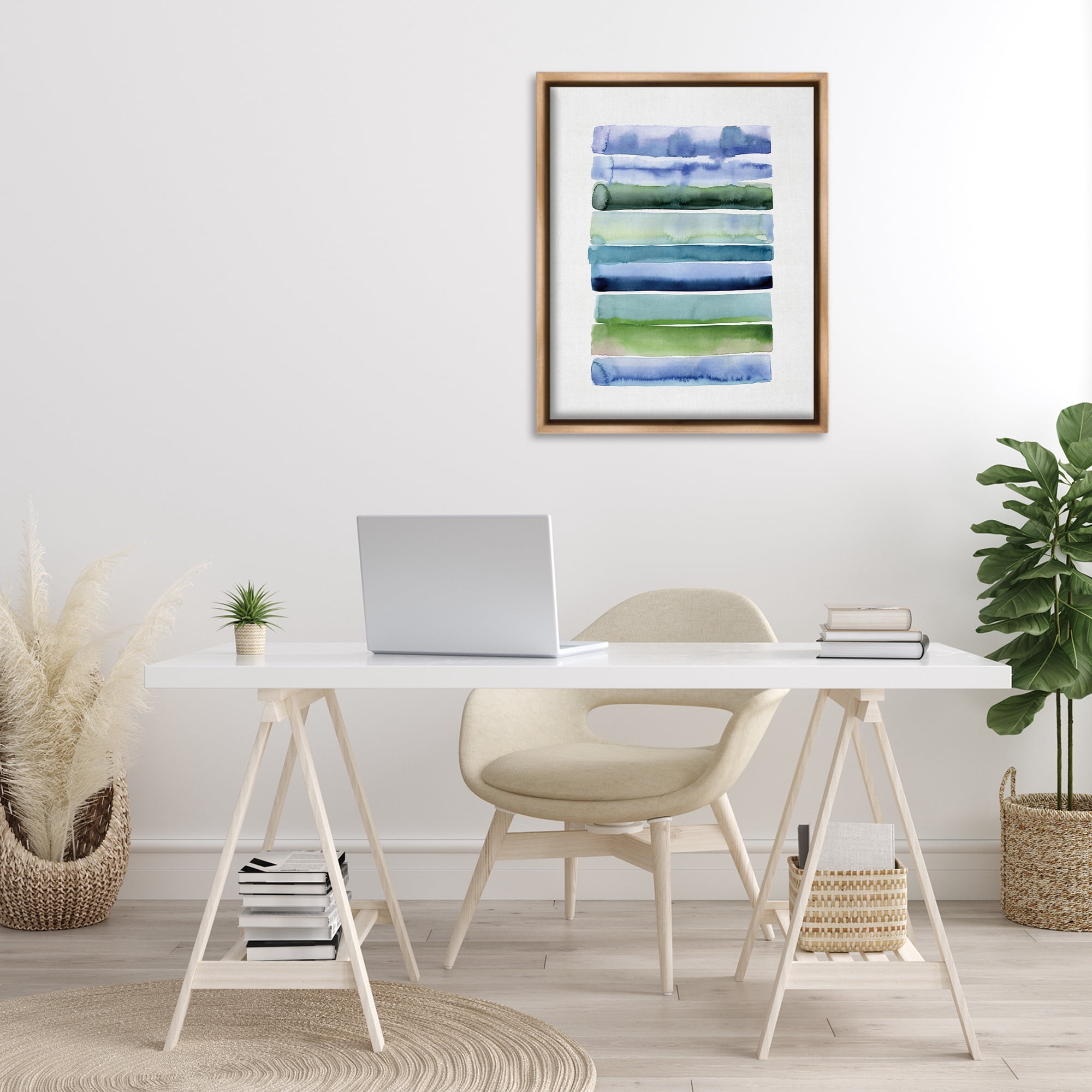 Stupell Industries Green & Blue Ombre Stripes Abstract Painting Brown Floater Framed Canvas Art Print Wall Art, 25 x 31