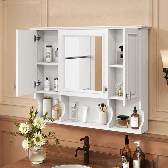 Noble House Wall Mounted Bathroom Medicine Cabinet with Mirror, Open Shelves, White