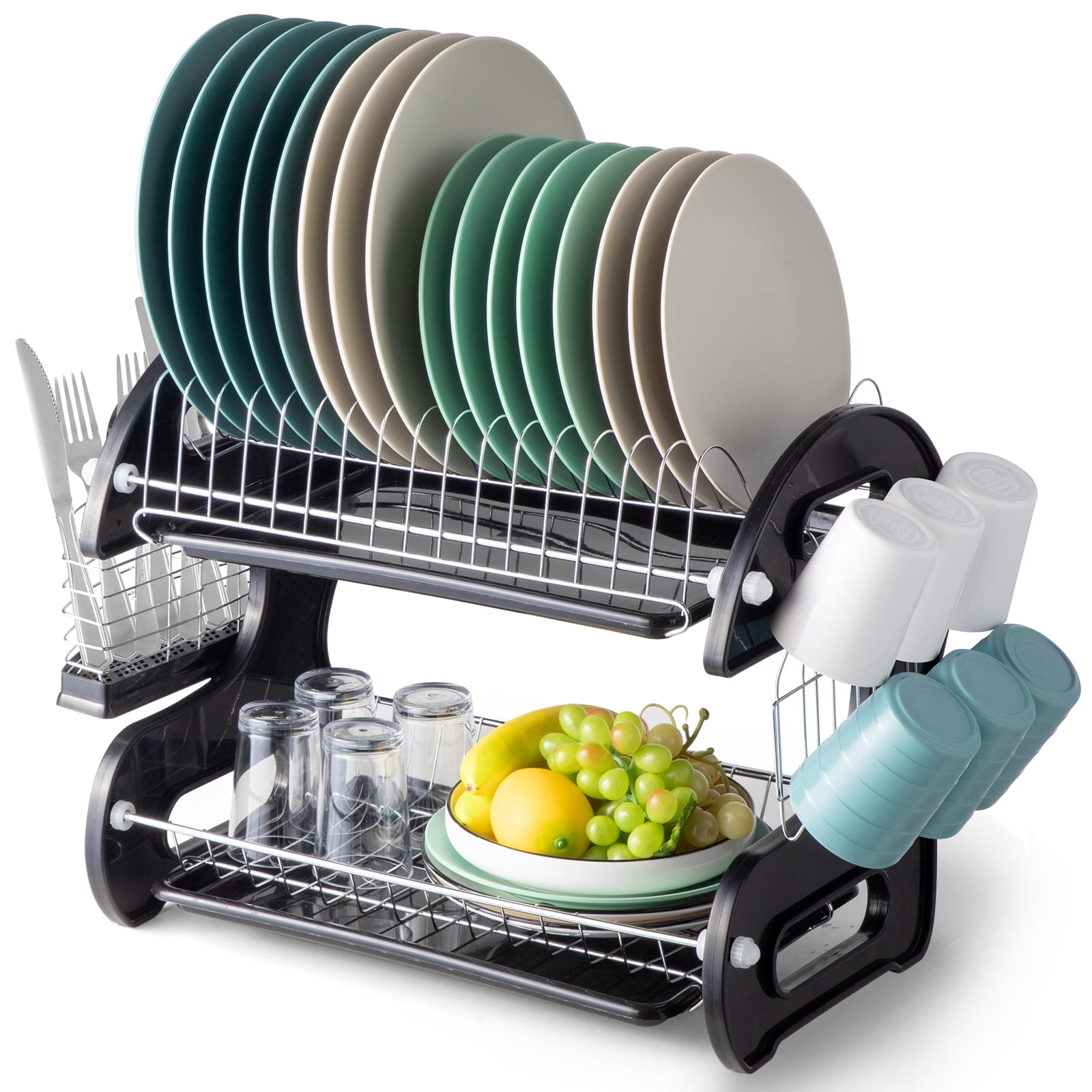KOOTETA Dish Drying Rack, 2-Tier Dish Rack for Kitchen Counter, Space  Saving Kitchen Drying Rack, Dish Dryer Rack with Drainboard, Utensil Holder  and Cup Holders,With Black