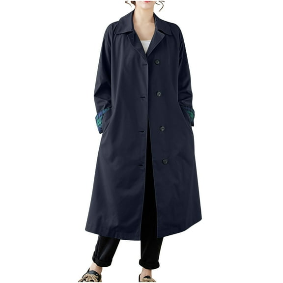 Qetyuw Women's Long Trench Coat Single Breasted Windbreaker Classic Notched Lapel Jacket Fall Vintage Long Sleeve Overcoat Split Hem Outerwear with Belt