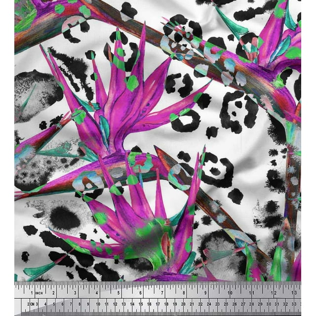 Soimoi Moss Georgette Fabric Animal Skin & Wild Flower Printed Fabric 1 Yard 42 Inch Wide