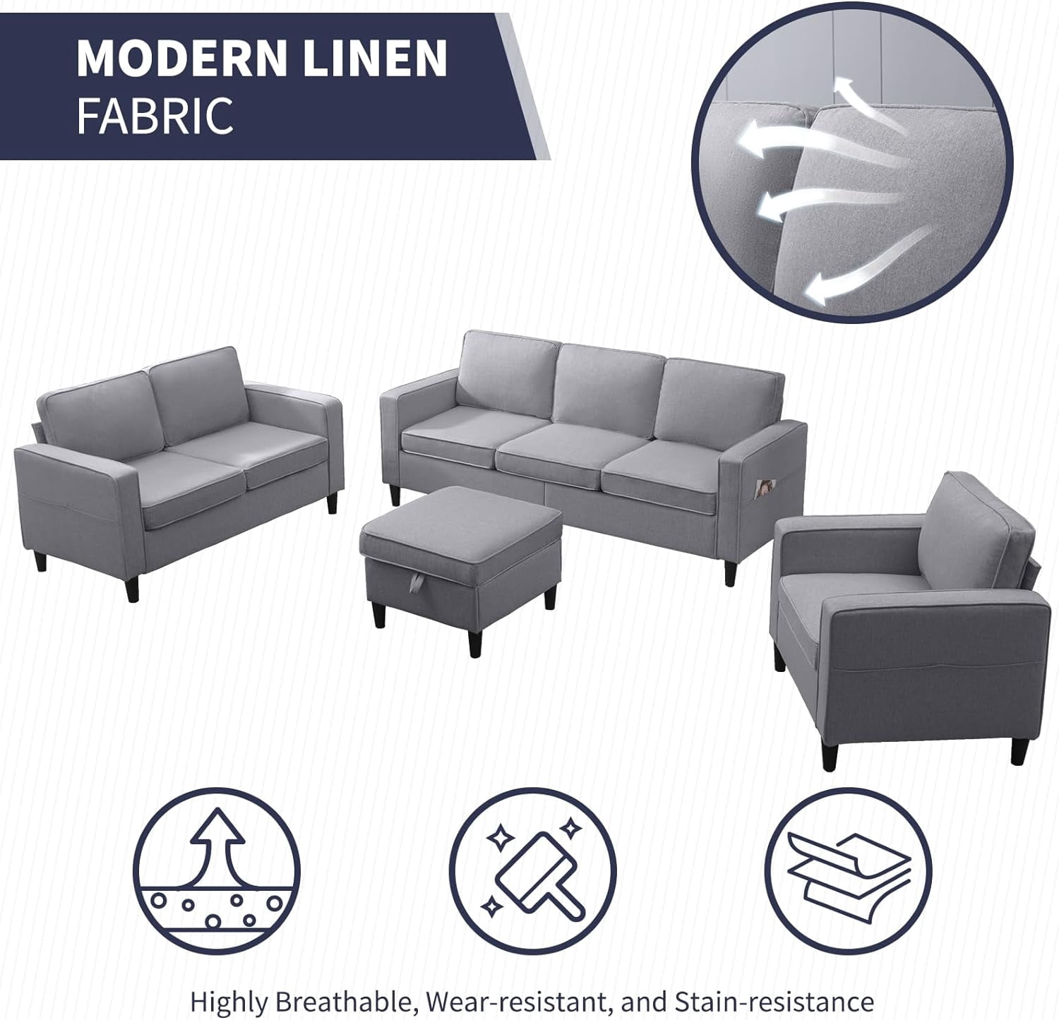 ijuicy Sectional Sofa Set,3PCS Living Room Furniture Couch Sets with Movable Storage Ottoman,Include Sofa&Loveseat&Chair, Light Gray