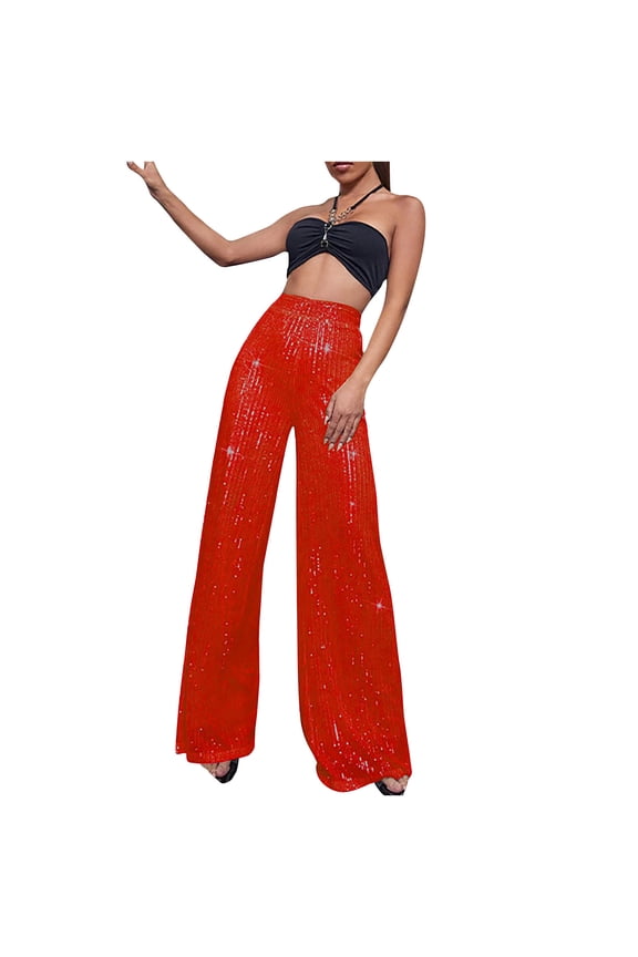 Sequin Plus Size Pants Women High Waisted Red Wide Leg Disco Pants Dance Night Club Bell Bottom Fall Pants Women M
