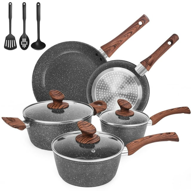 Juego de ollas y sartenes antiadherentes, juego de ollas de granito de inducción, bateria de cocina antiadherente 11 piezas, ollas de cocina, color gris oscuro