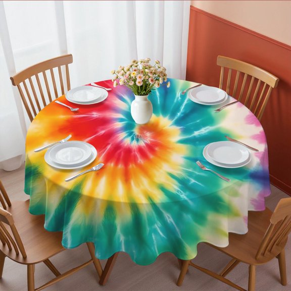 Red and Yellow Tie Dye Pattern Round Tablecloth 70"x70", Wrinkle Resistant Wipeable Table Cover for Kitchen Dining Room Picnic Patio and Party